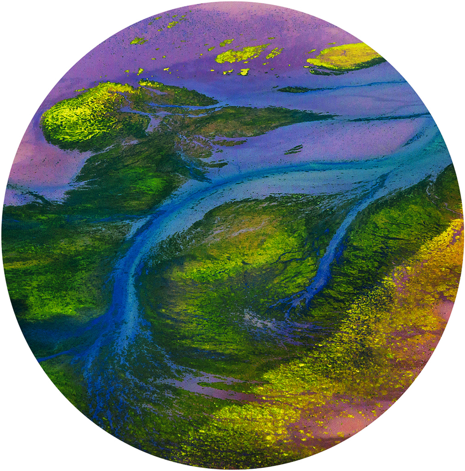 An artistic aerial photo of a colourful estuary