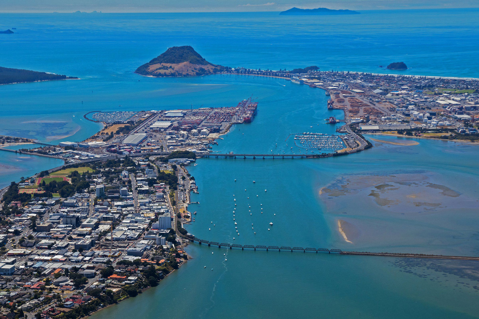 Aerial photo of Tauranga and Mount Maunganui